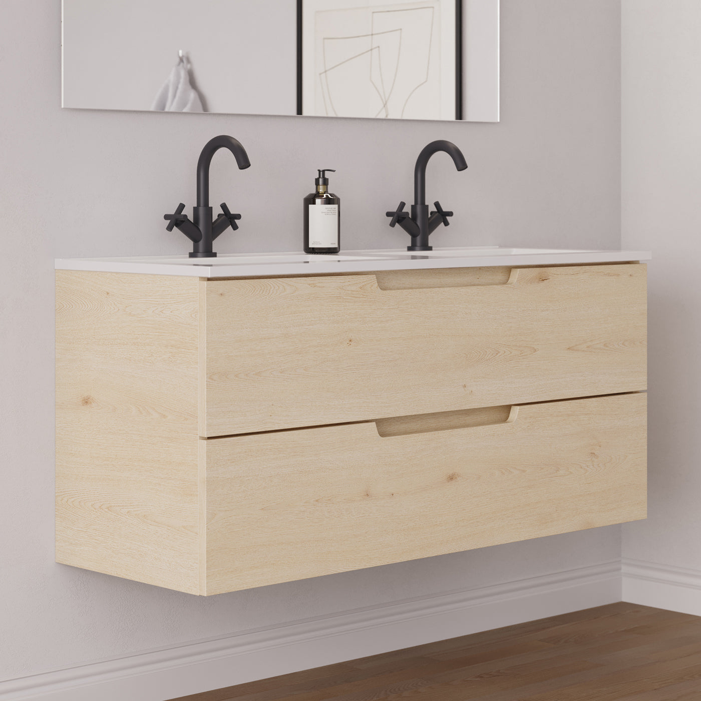 Meuble salle de bain SONRIZA 120cm 2 tiroirs calima double vasque vue côté