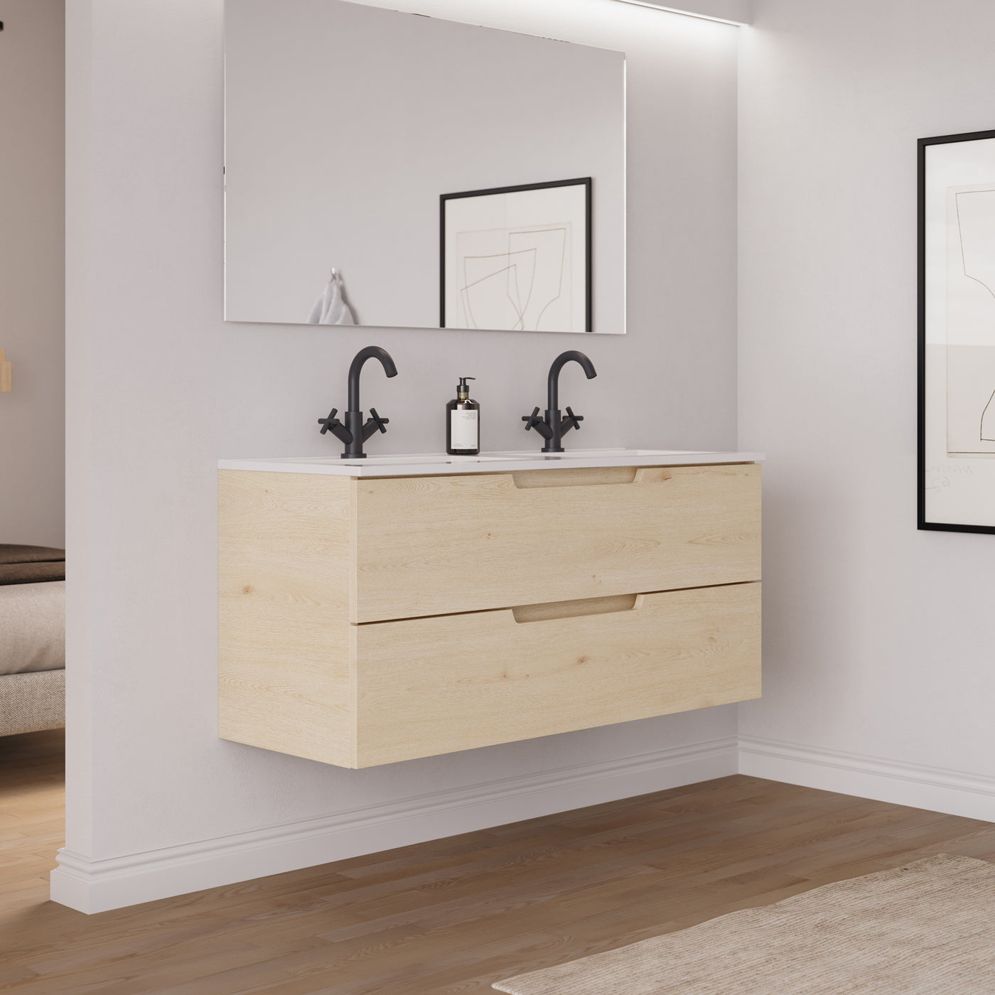 Ambiance Meuble salle de bain SONRIZA 120cm 2 tiroirs calima double vasque vue côté