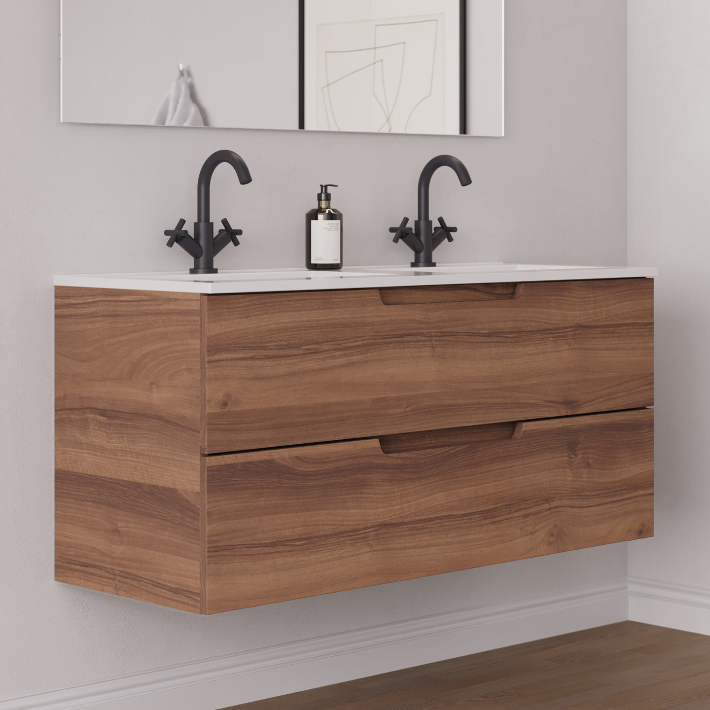 Meuble salle de bain SONRIZA 120cm 2 tiroirs noyer double vasque vue côté