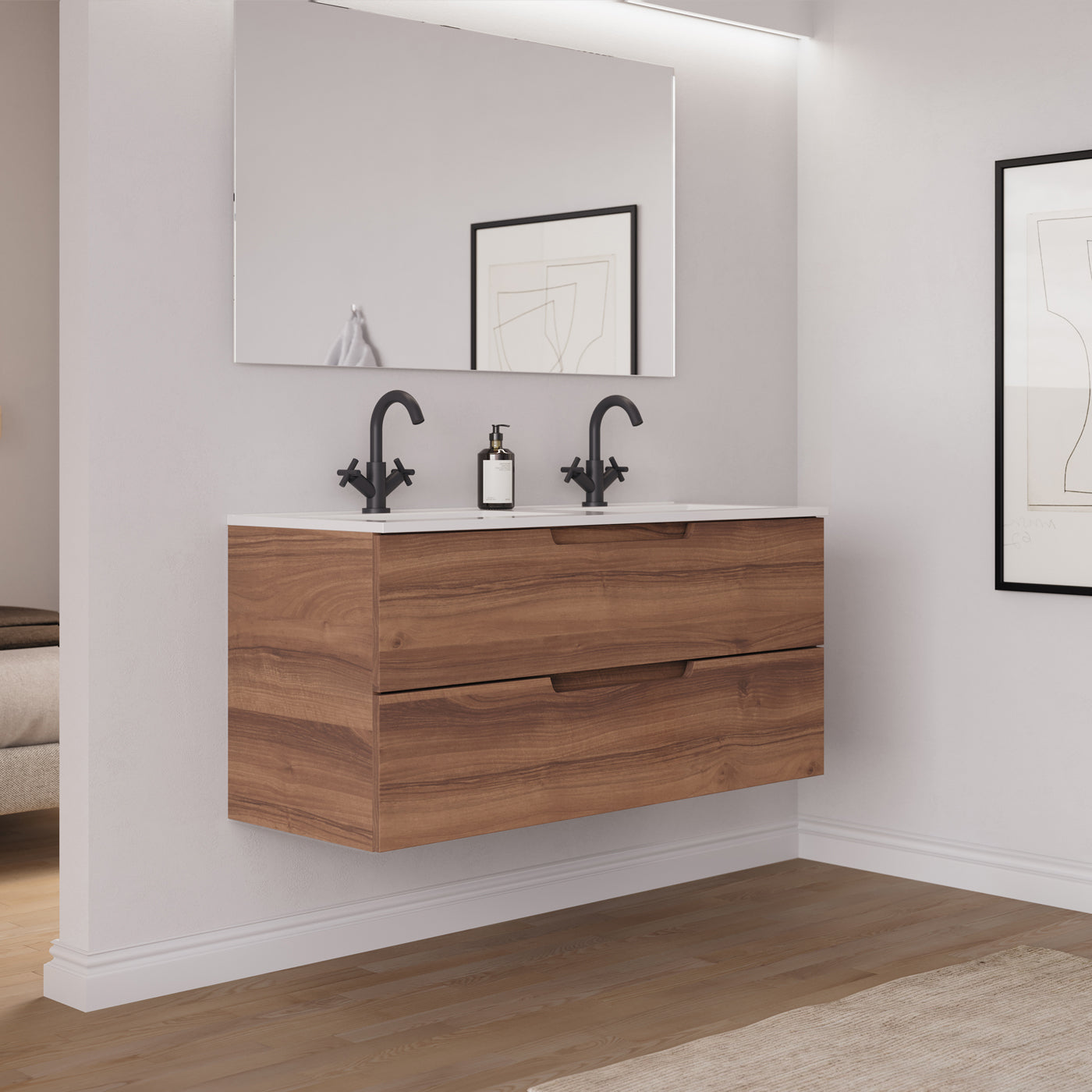 Ambiance Meuble salle de bain SONRIZA 120cm 2 tiroirs noyer double vasque vue côté