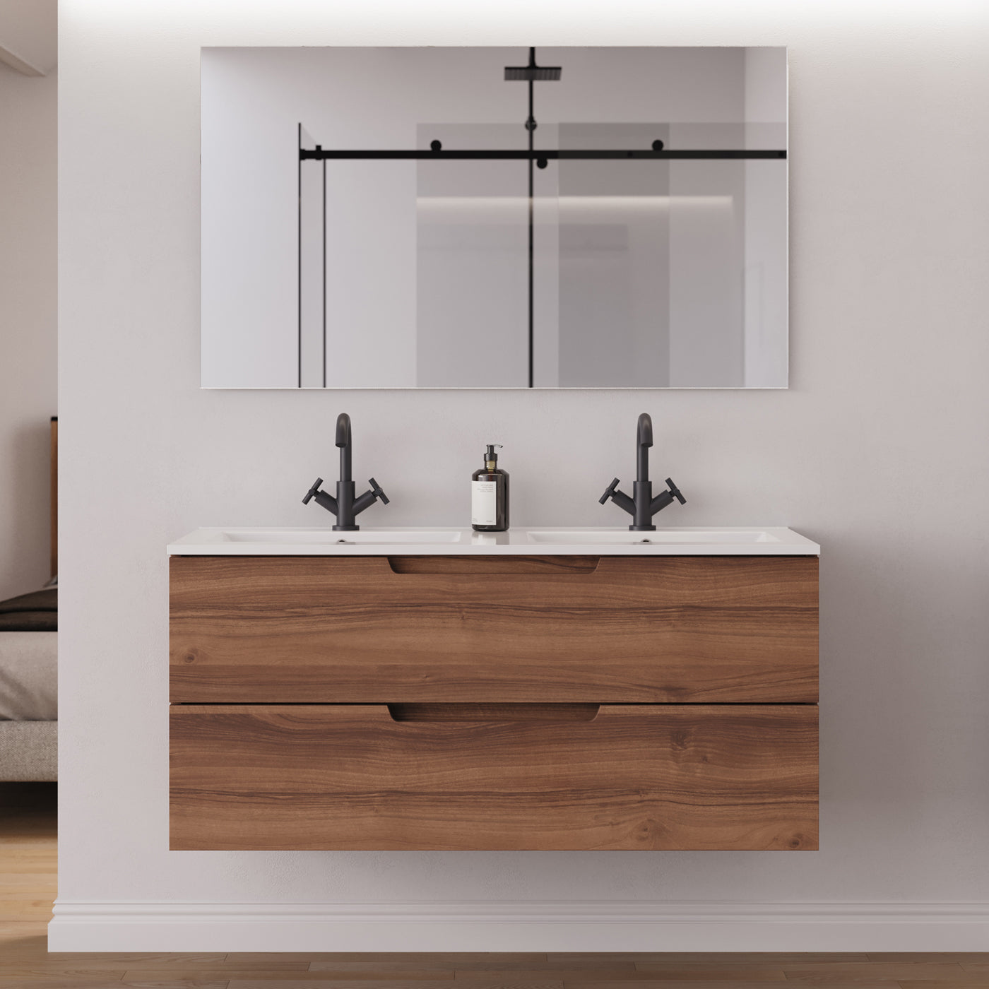 Meuble salle de bain SONRIZA 120cm 2 tiroirs noyer double vasque miroir