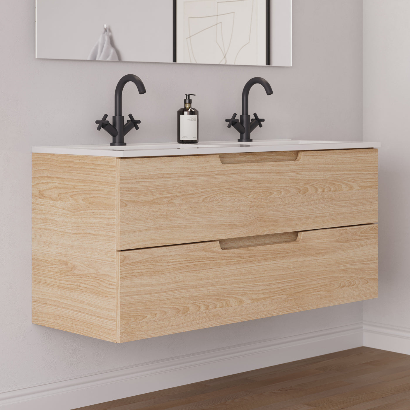 Meuble salle de bain SONRIZA 120cm 2 tiroirs roble era double vasque vue côté