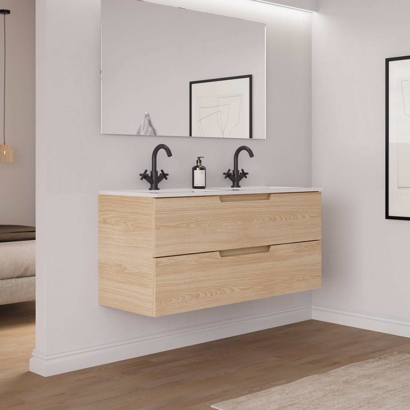 Ambiance Meuble salle de bain SONRIZA 120cm 2 tiroirs roble era double vasque vue côté