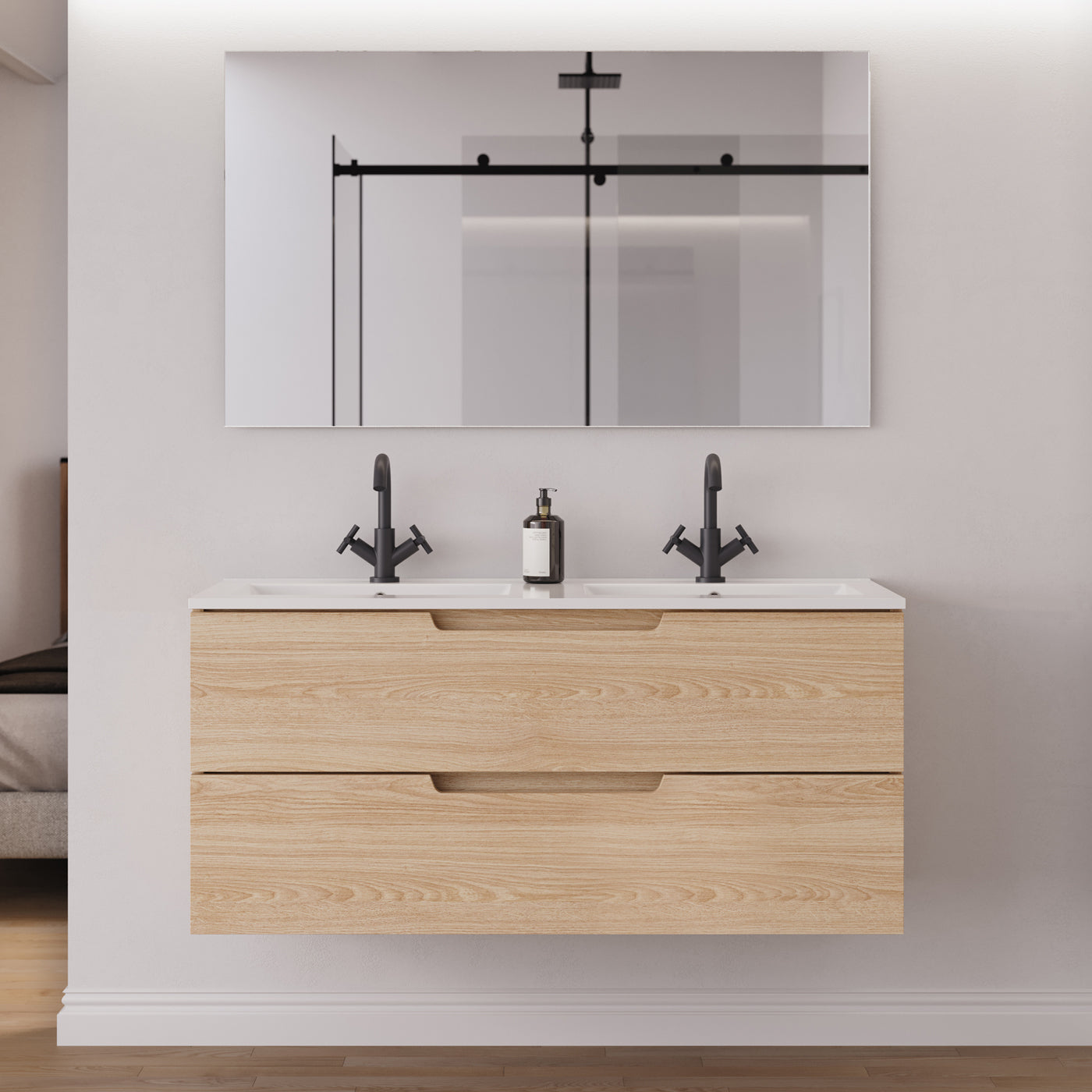 Meuble salle de bain SONRIZA 120cm 2 tiroirs roble era double vasque miroir