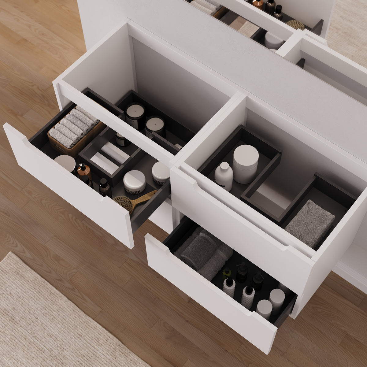 Meuble sous vasque SONRIZA 120 cm blanc tiroirs ouverts