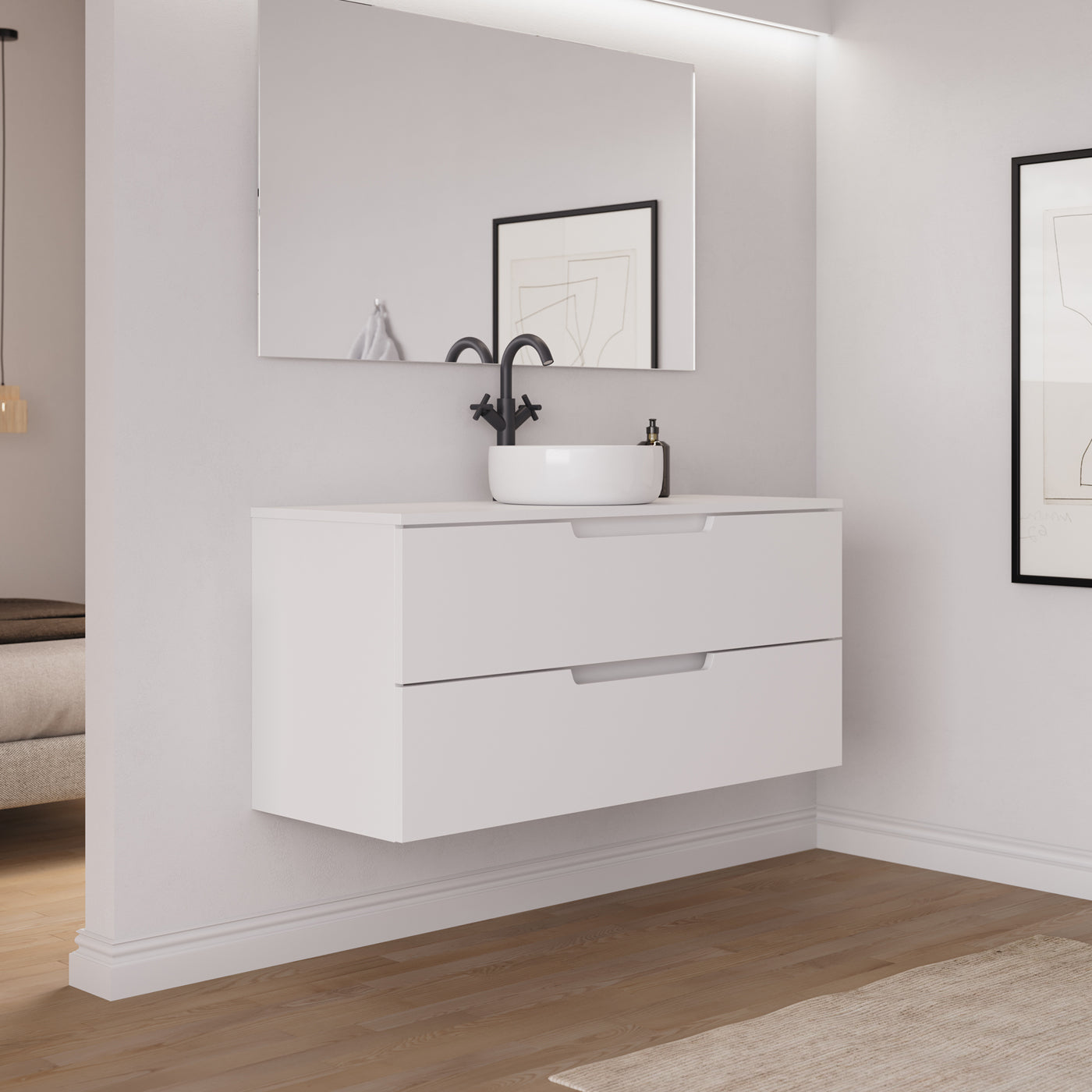 Ambiance meuble salle de bain SONRIZA 120cm blanc vasque ares vue profil
