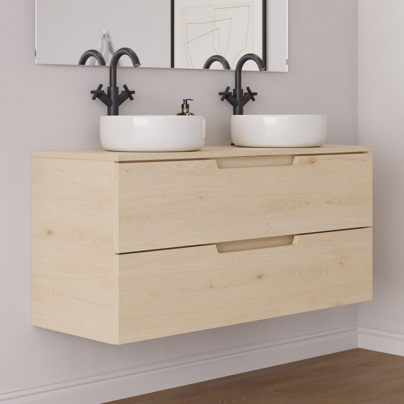 Meuble salle de bain SONRIZA 120cm 2 tiroirs calima 2 vasques ares vue côté