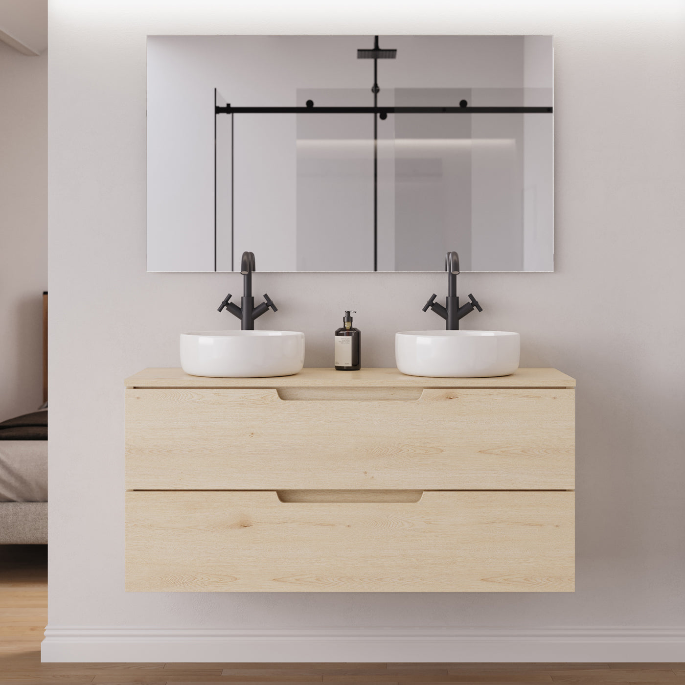 Meuble salle de bain SONRIZA 120cm 2 tiroirs calima 2 vasques ares miroir
