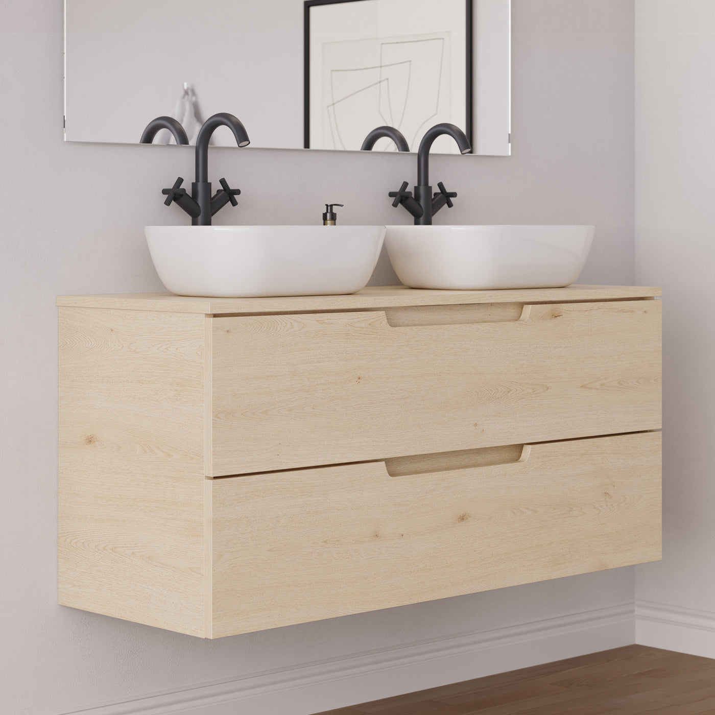 Meuble salle de bain SONRIZA 120cm 2 tiroirs calima 2 vasques zeus vue côté