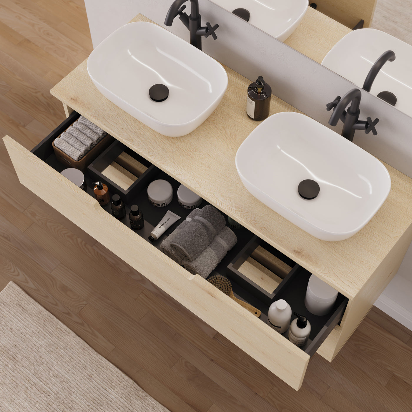 Meuble salle de bain SONRIZA 120cm ouvert 2 tiroirs calima vasques zeus