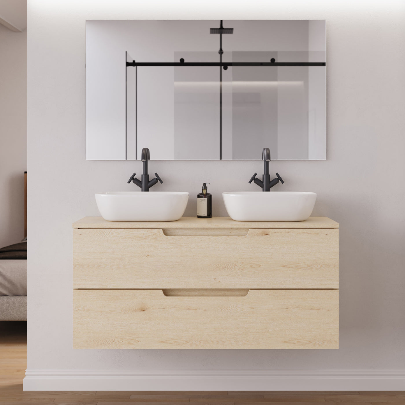 Meuble salle de bain SONRIZA 120cm 2 tiroirs calima 2 vasques zeus miroir