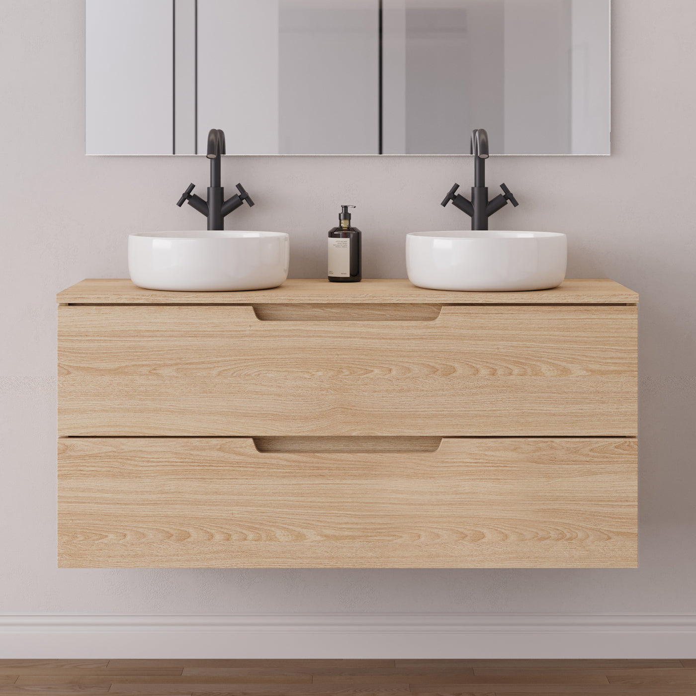 Meuble salle de bain SONRIZA 120cm 2 tiroirs roble era 2 vasques ares