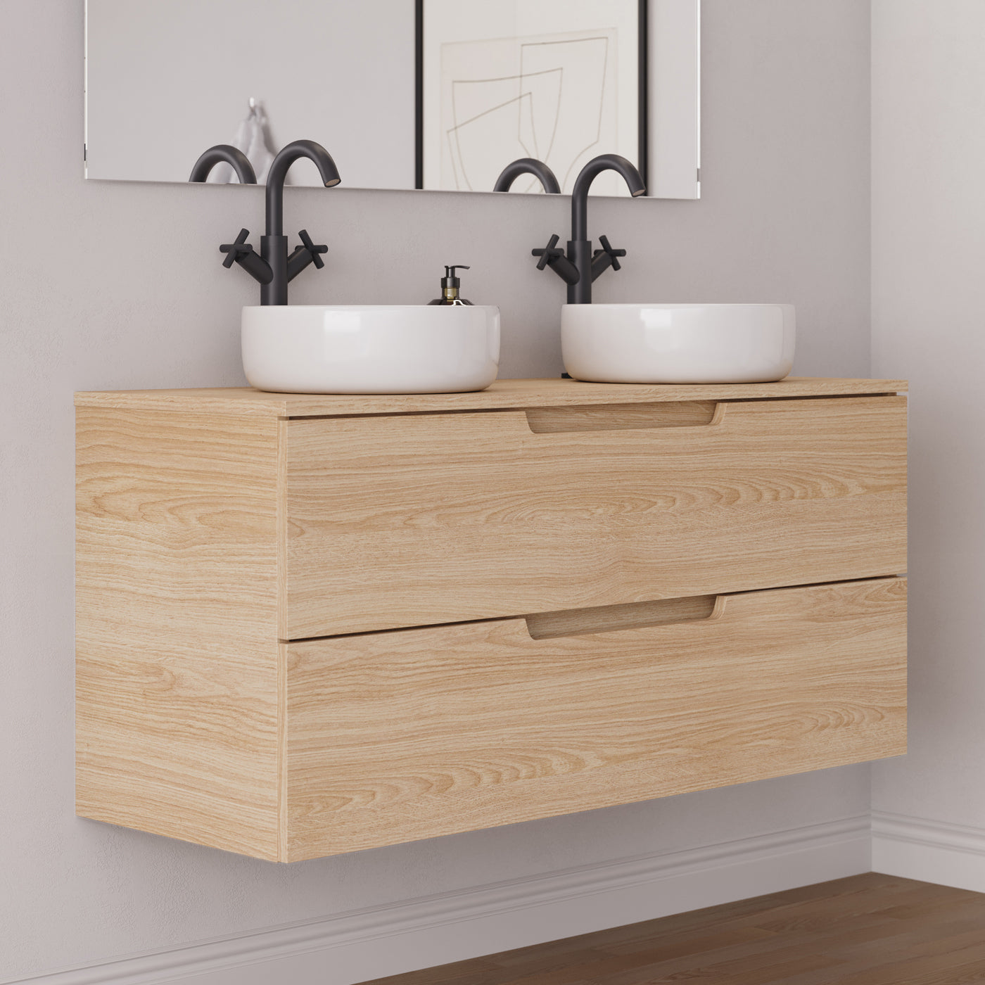 Meuble salle de bain SONRIZA 120cm 2 tiroirs roble era 2 vasques ares vue côté