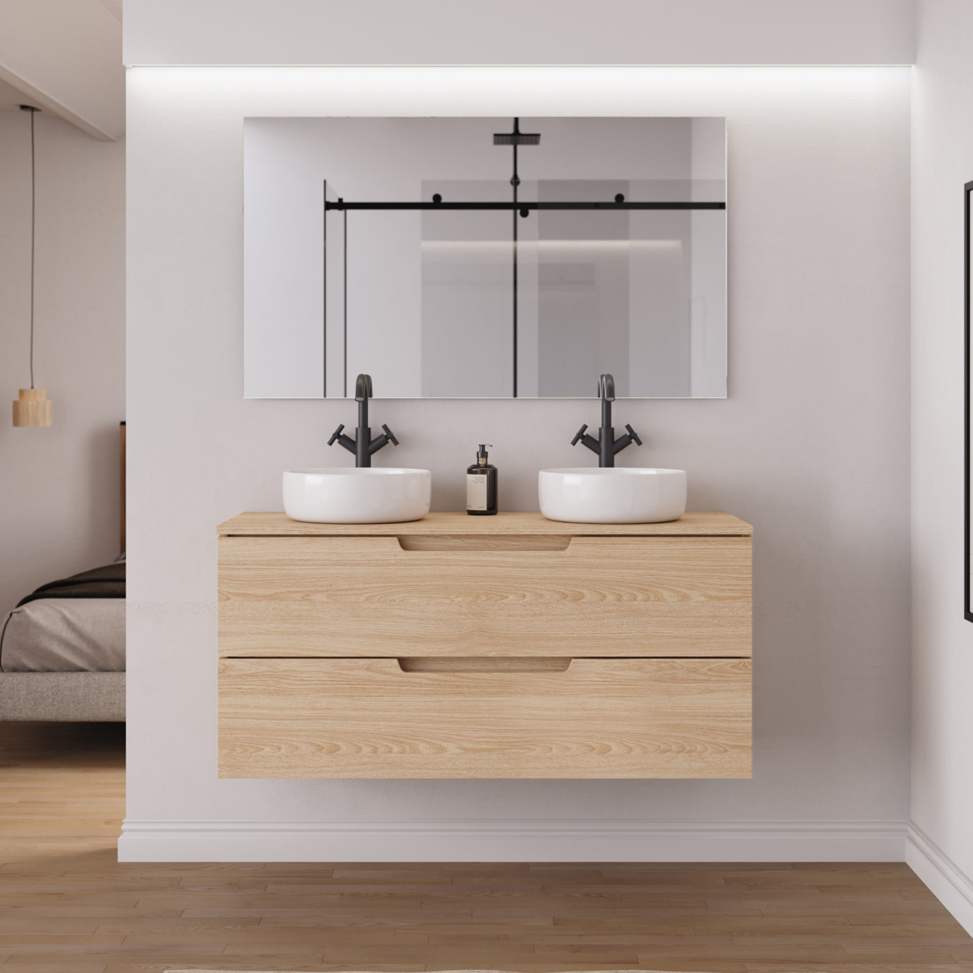 Meuble salle de bain SONRIZA 120cm 2 tiroirs roble era 2 vasques ares vue face