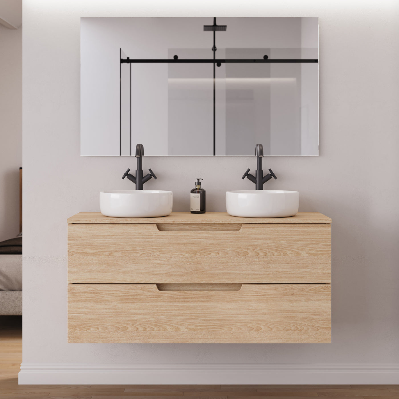 Meuble salle de bain SONRIZA 120cm 2 tiroirs roble era 2 vasques ares miroir