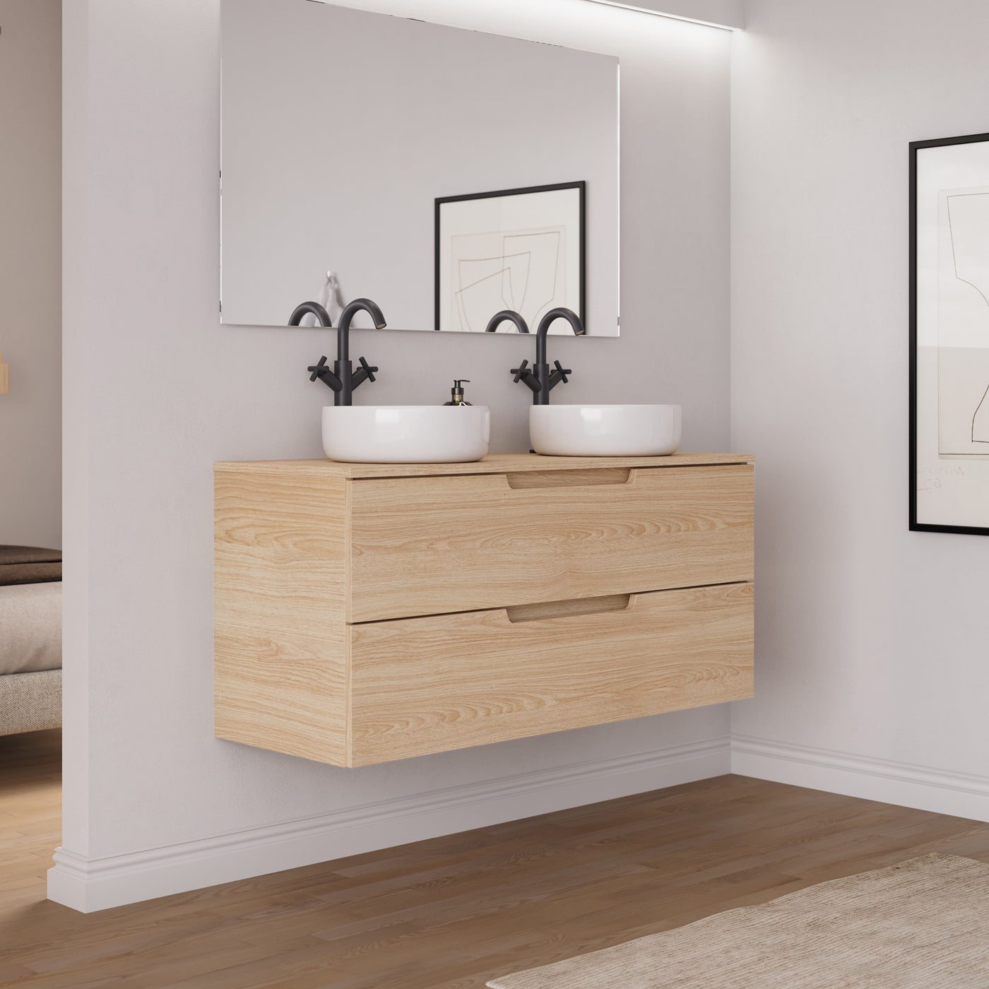 Ensemble meuble salle de bain SONRIZA 120cm 2 tiroirs roble era 2 vasques ares