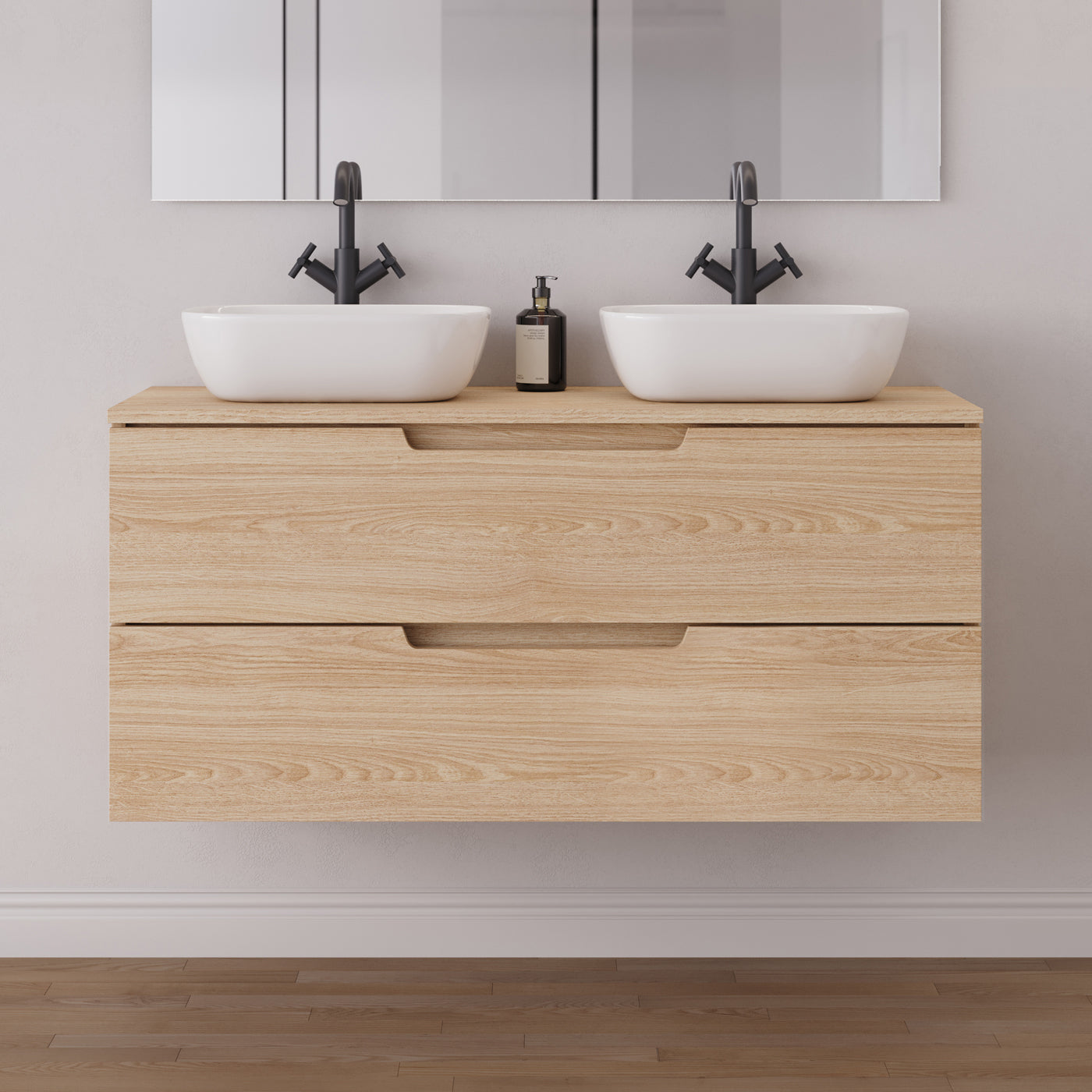Meuble salle de bain SONRIZA 120cm 2 tiroirs roble era 2 vasques zeus
