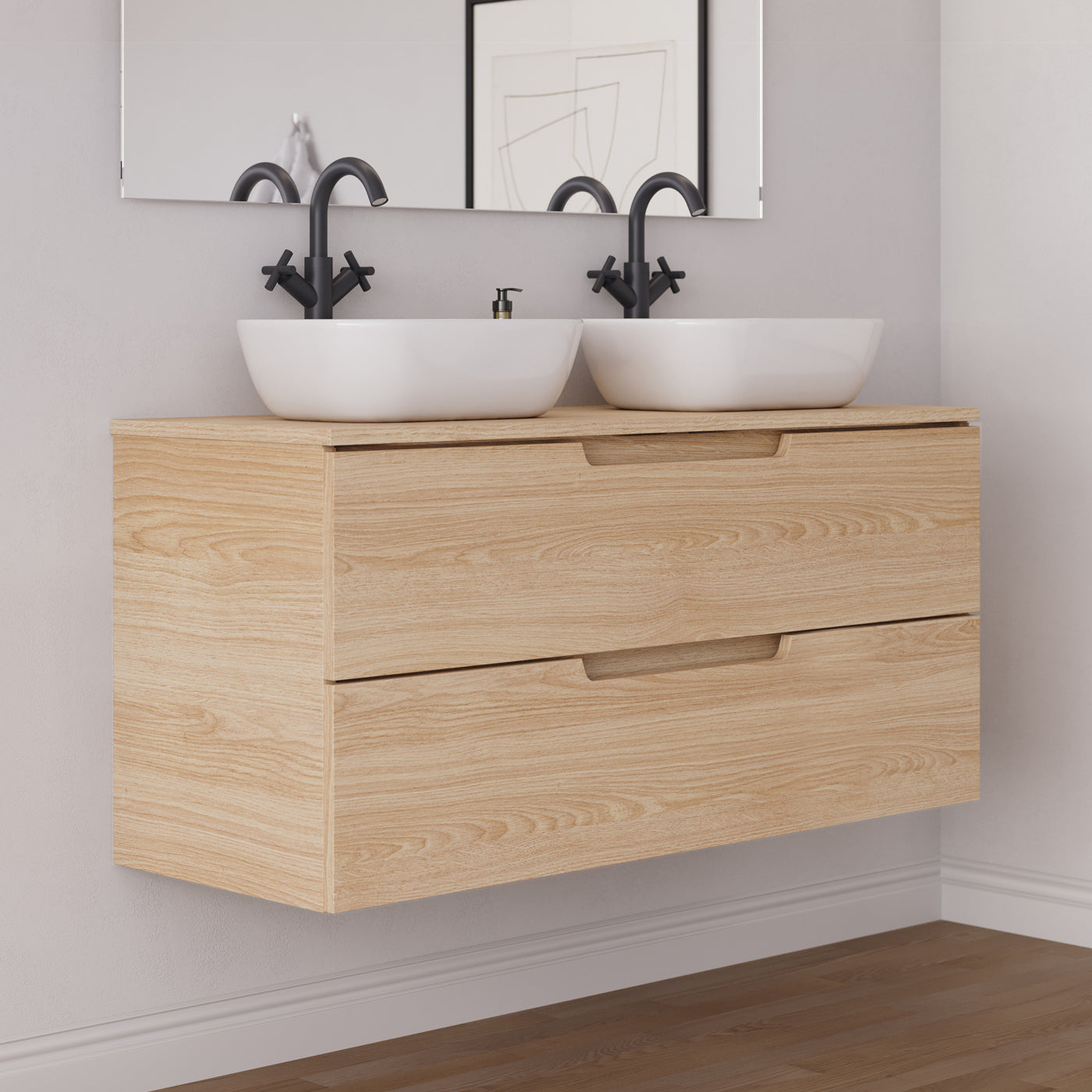 Meuble salle de bain SONRIZA 120cm 2 tiroirs roble era 2 vasques zeus vue côté