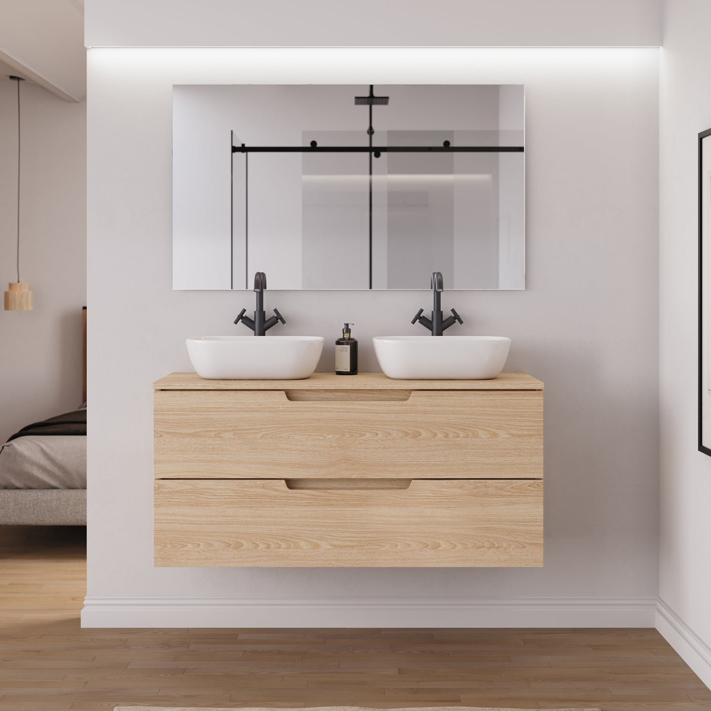 Meuble salle de bain SONRIZA 120cm 2 tiroirs roble era 2 vasques zeus vue face