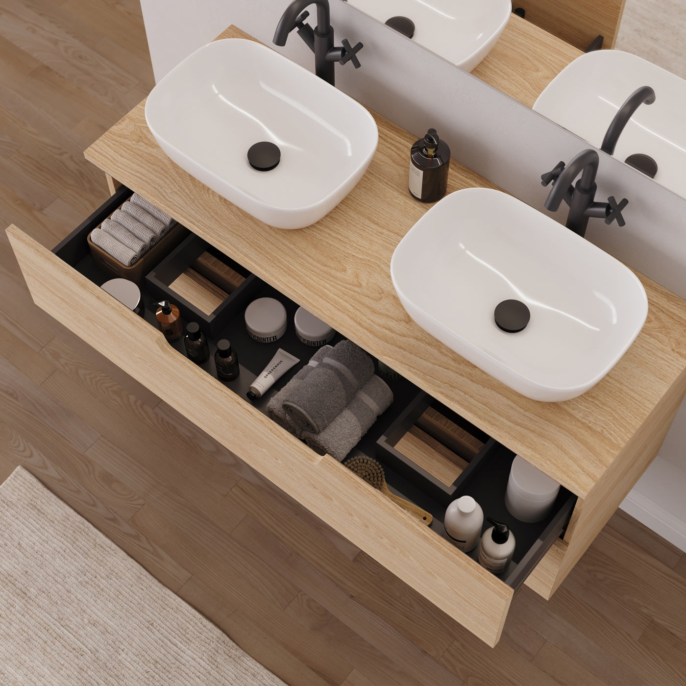Meuble salle de bain SONRIZA 120cm ouvert 2 tiroirs roble era vasques zeus