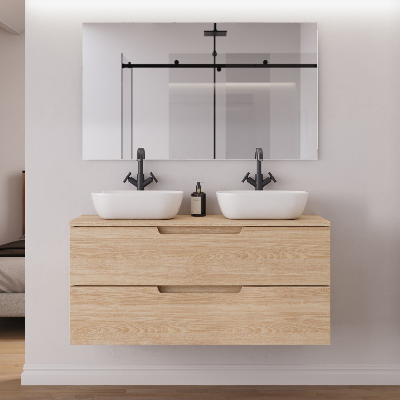 Meuble salle de bain SONRIZA 120cm 2 tiroirs roble era 2 vasques zeus miroir
