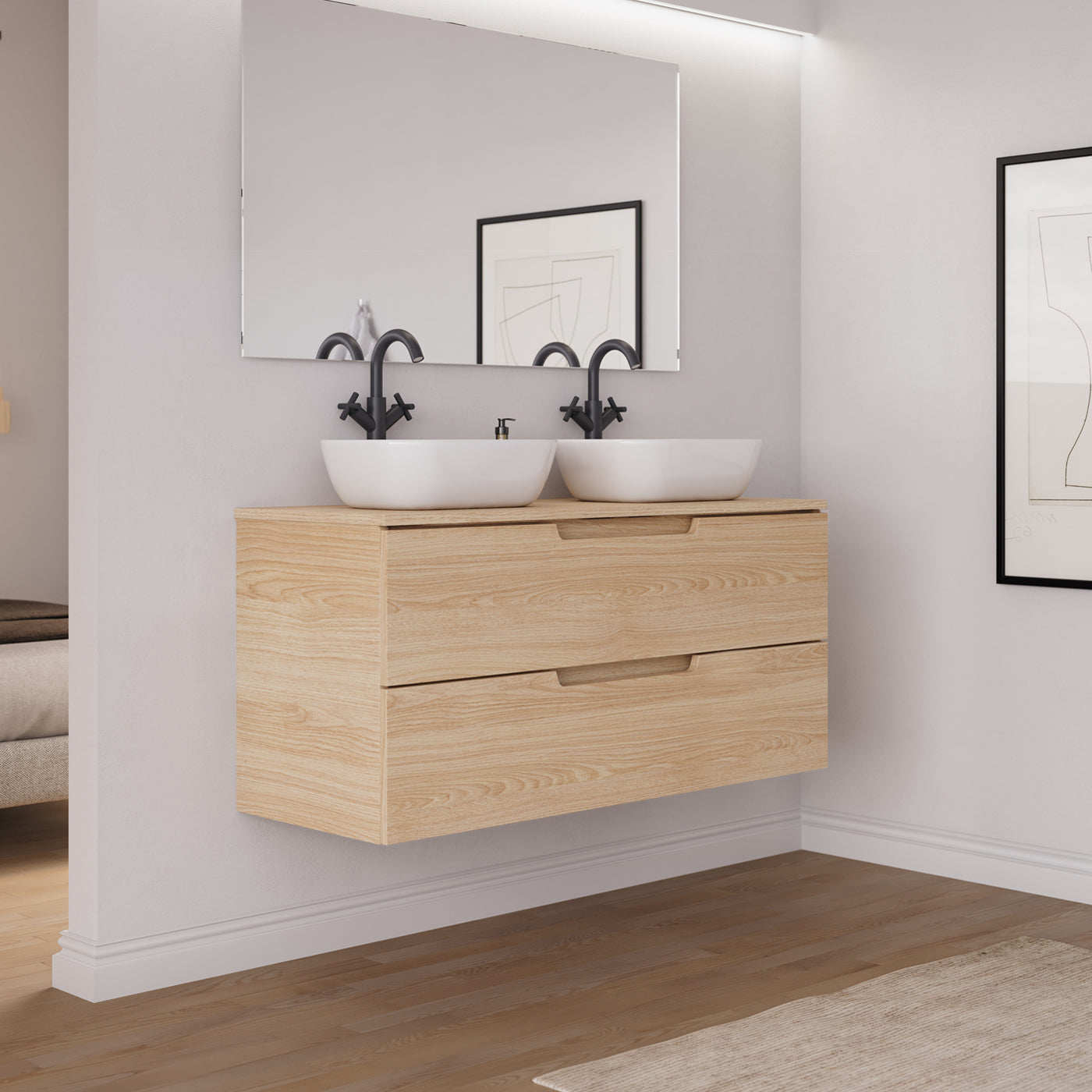 Ensemble meuble salle de bain SONRIZA 120cm 2 tiroirs roble era 2 vasques zeus