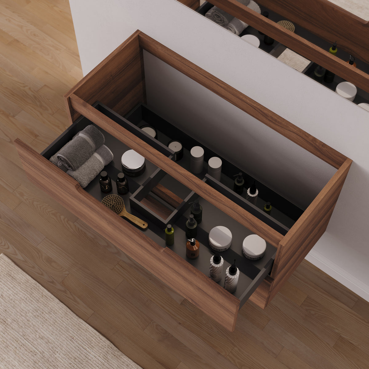 Meuble sous vasque SONRIZA 120 cm noyer tiroir ouvert
