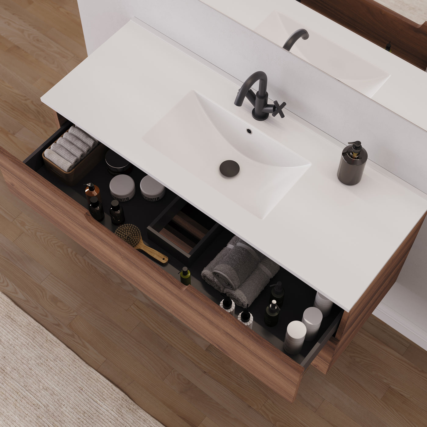 Meuble salle de bain SONRIZA 120cm noyer vue dessus
