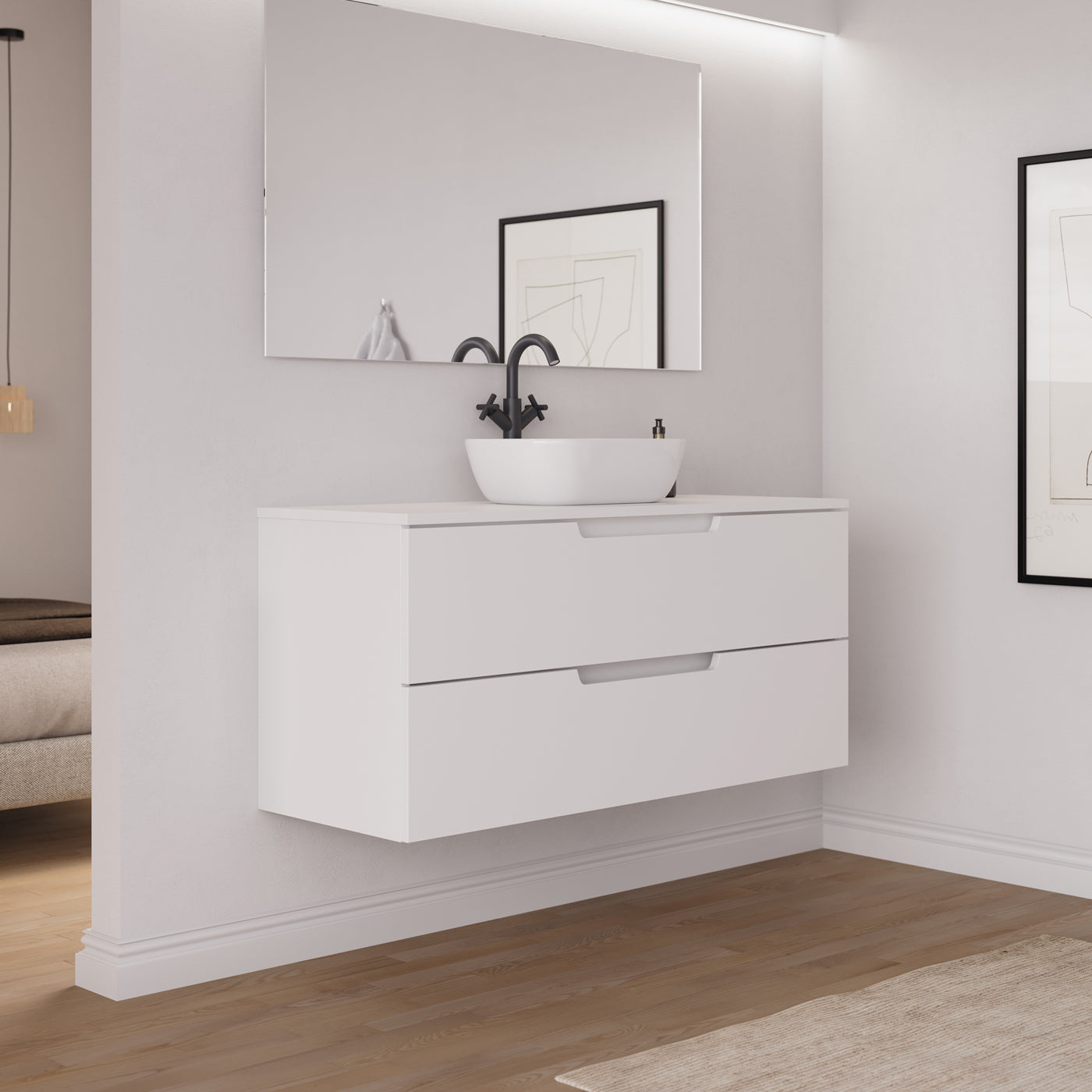 Meuble salle de bain SONRIZA 120cm blanc vasque zeus vue profil
