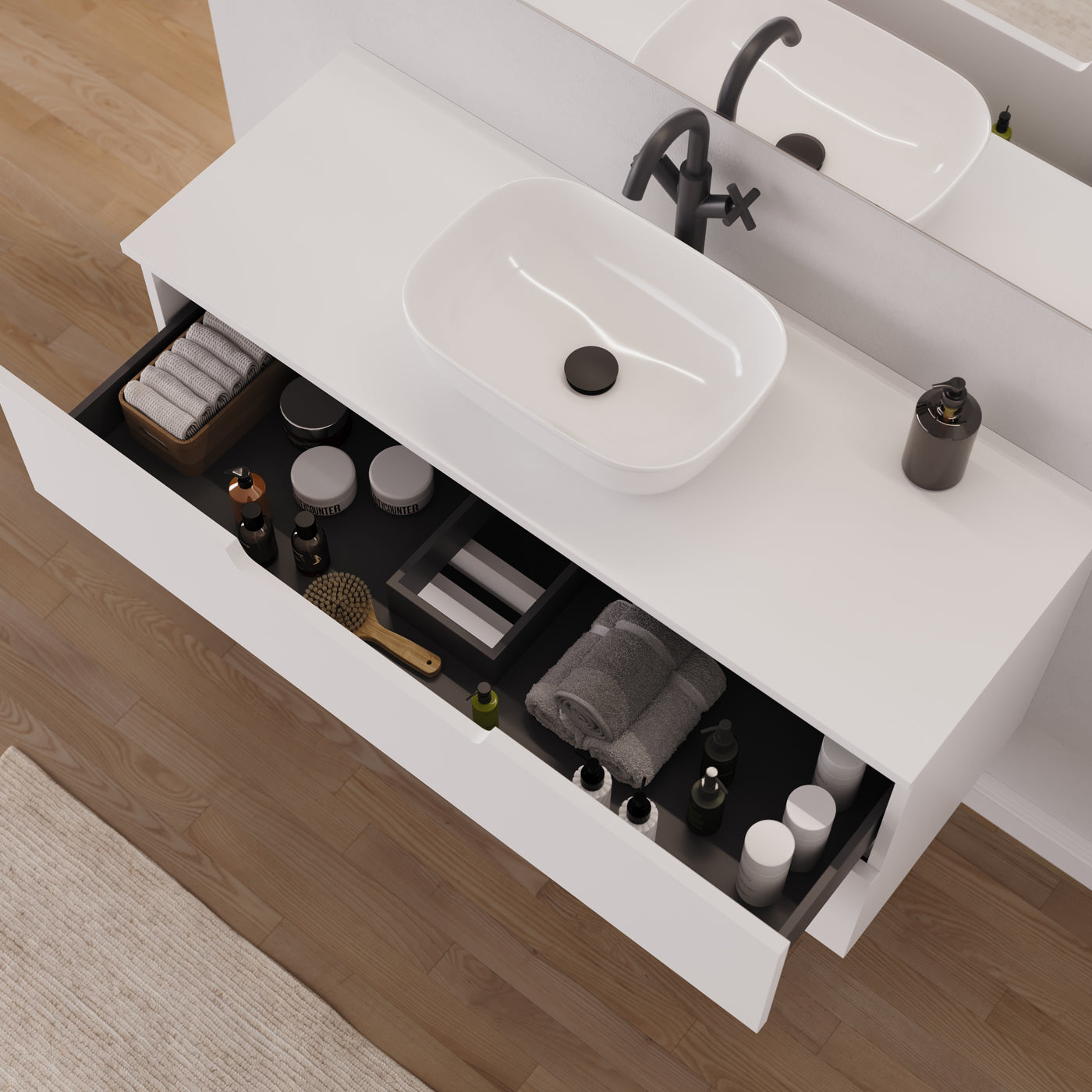 Meuble salle de bain SONRIZA 120cm blanc vasque zeus vue dessus