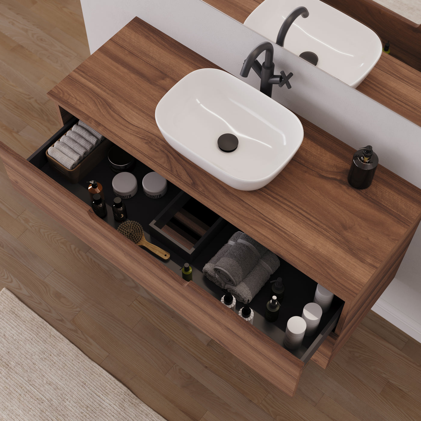 Meuble salle de bain SONRIZA 120cm noyer vasque zeus vue dessus