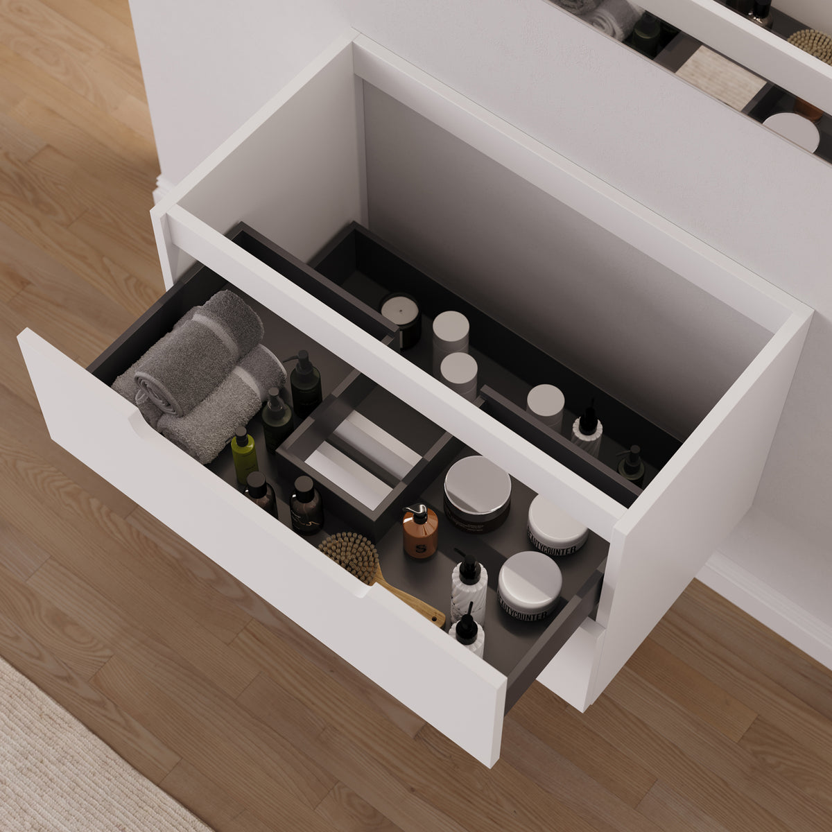 Meuble sous vasque SONRIZA 80 cm blanc tiroir ouvert