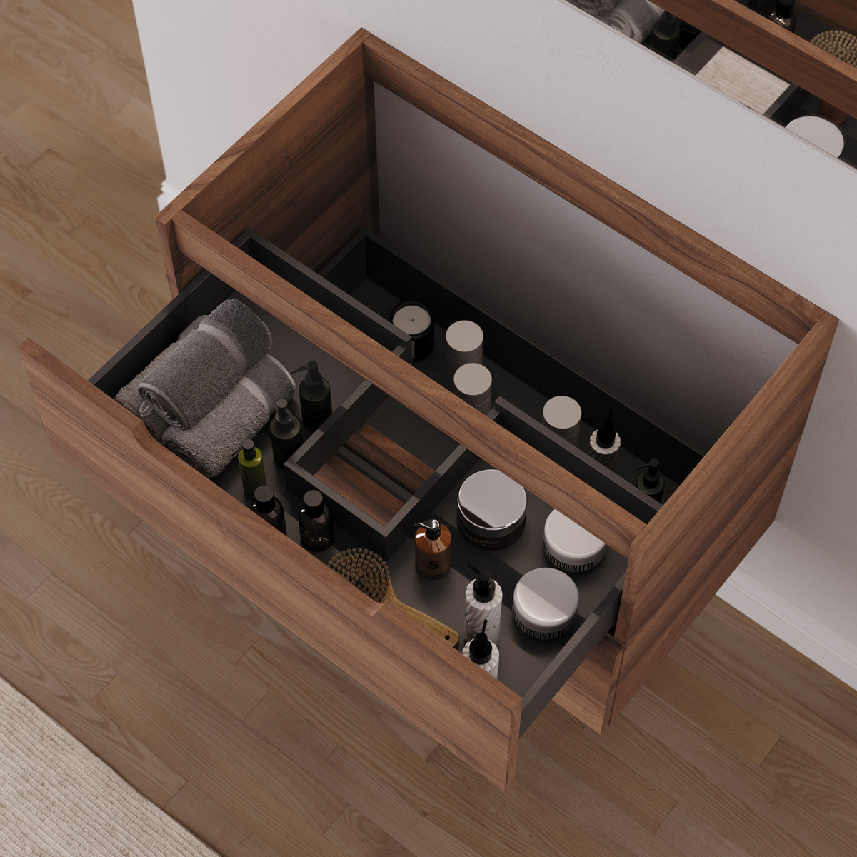 Meuble sous vasque SONRIZA 80 cm noyer tiroir ouvert
