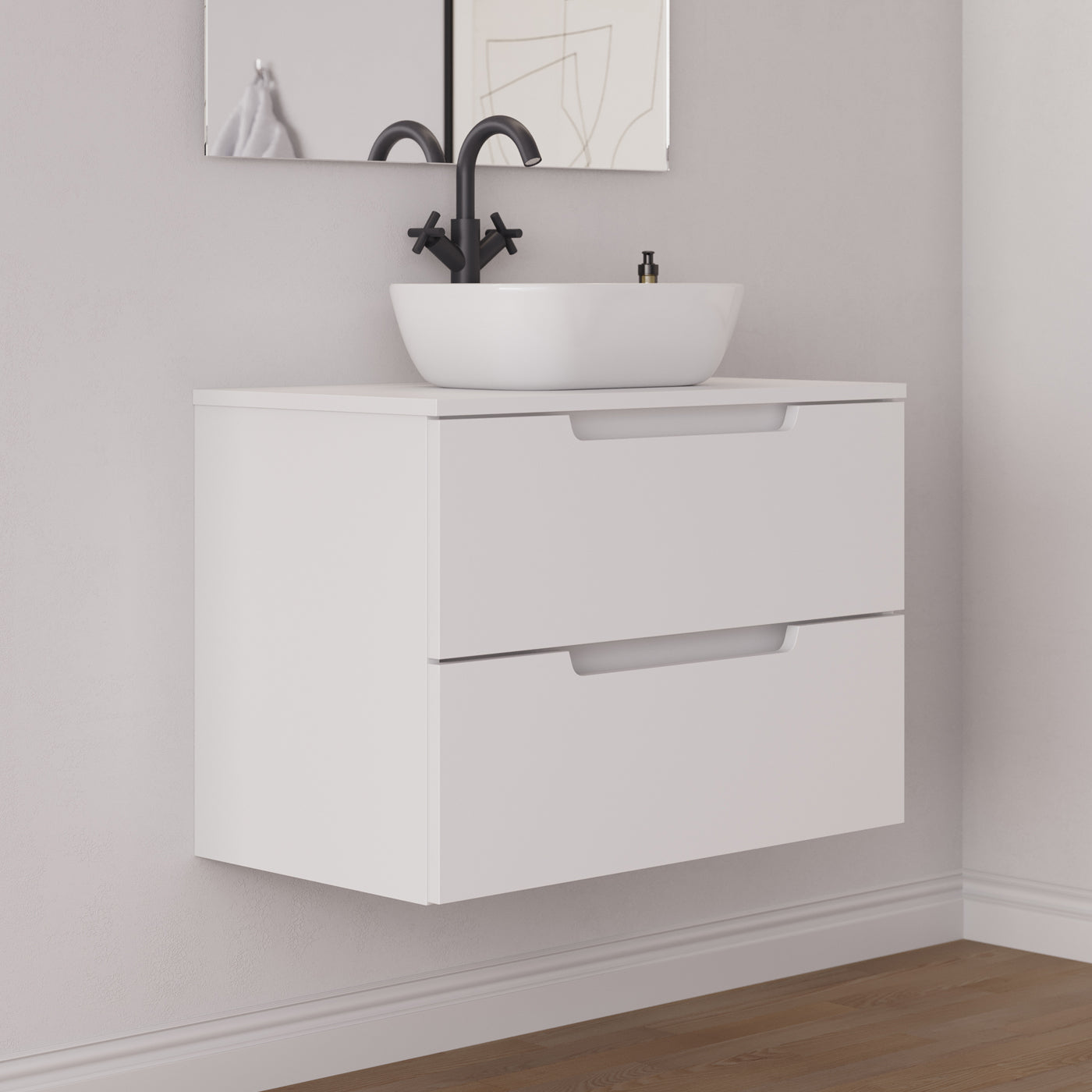 Meuble salle de bain SONRIZA 80cm blanc vasque zeus vue profil