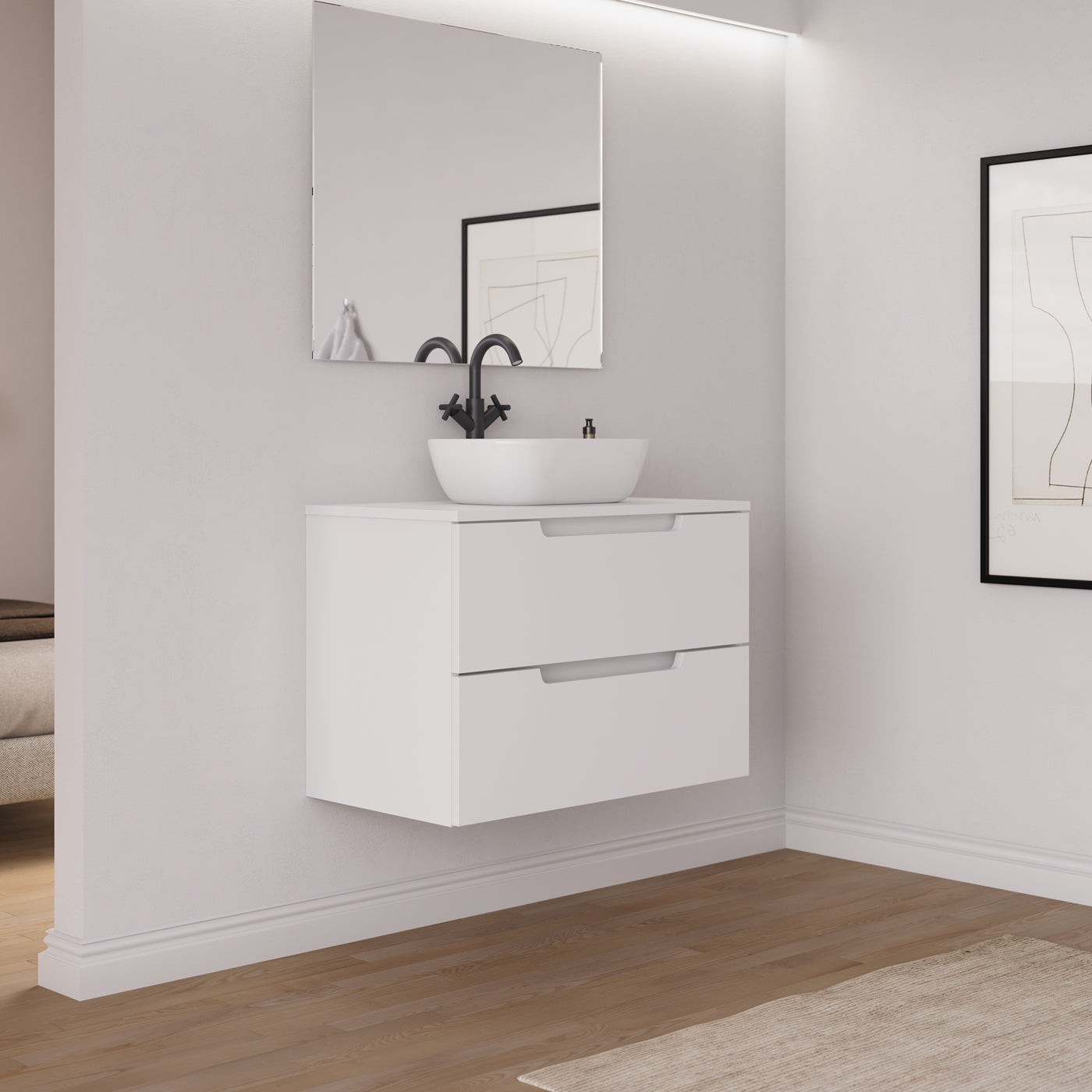 Ambiance meuble salle de bain SONRIZA 80cm blanc vasque zeus vue profil