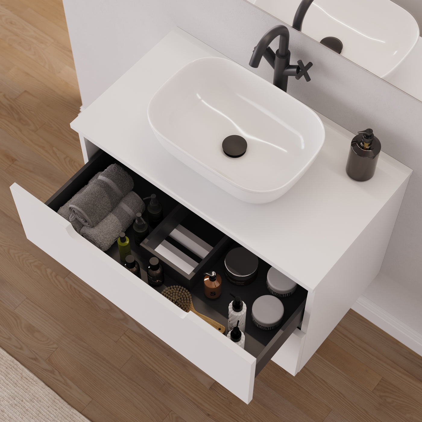Meuble salle de bain SONRIZA 80cm blanc vasque zeus vue dessus