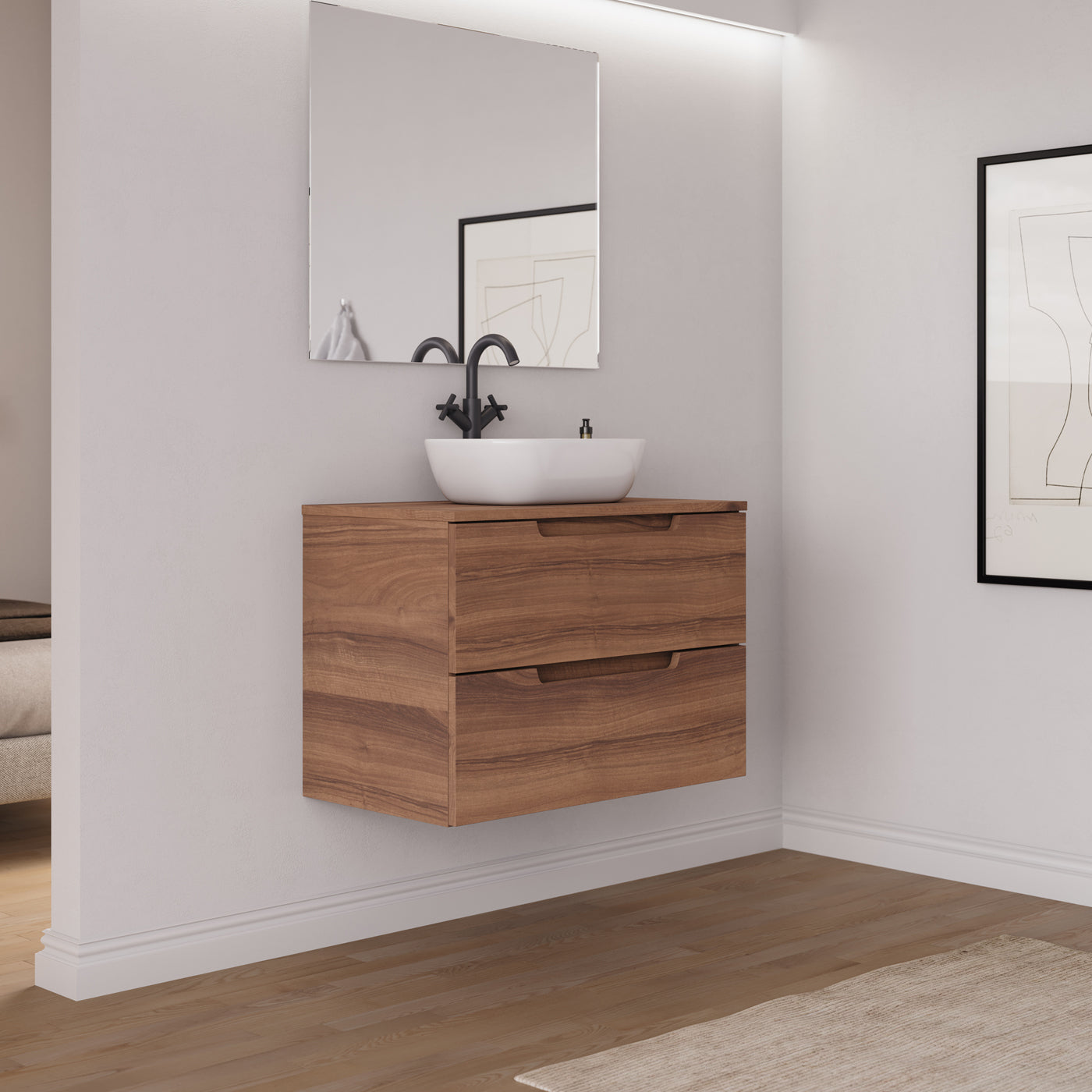 Ambiance meuble salle de bain SONRIZA 80cm noyer vasque zeus vue profil