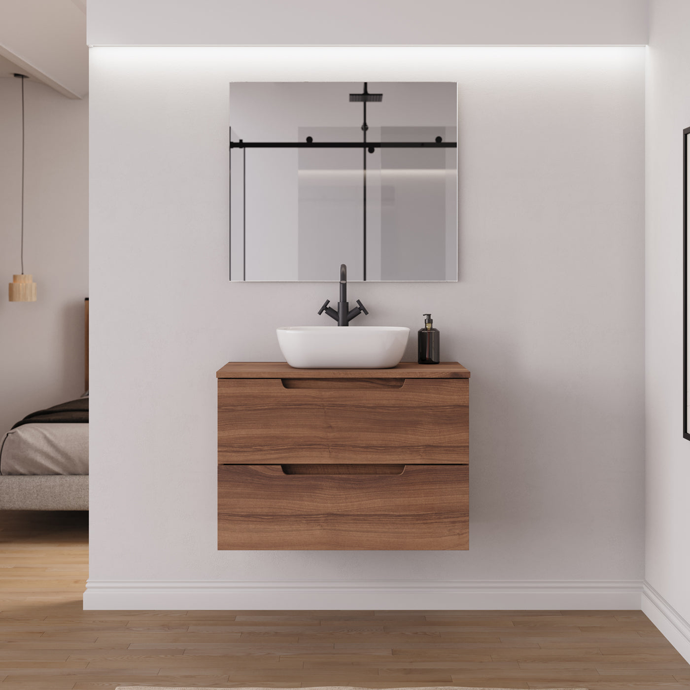 Ambiance meuble salle de bain SONRIZA 80cm noyer vasque zeus