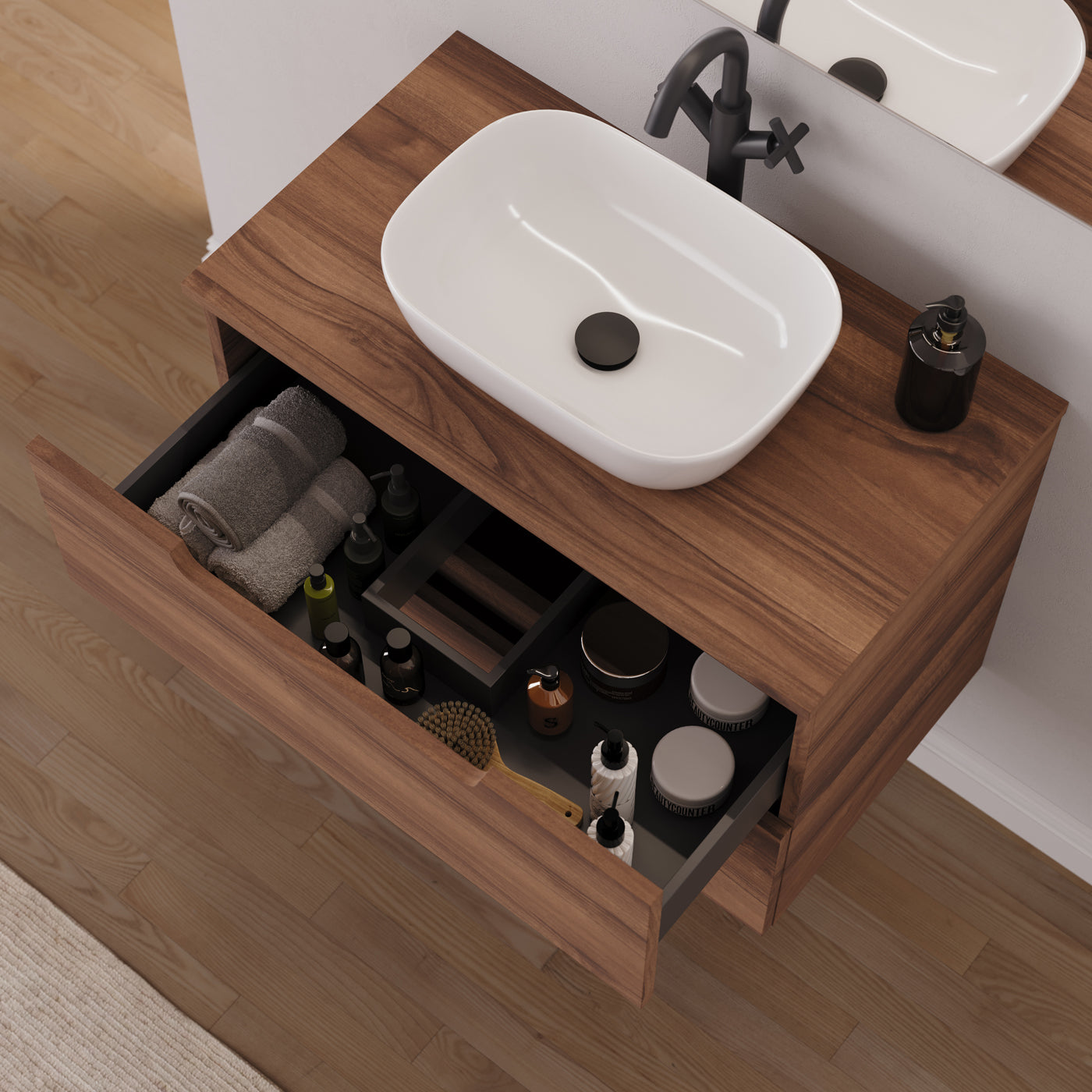 Meuble salle de bain SONRIZA 80cm noyer vasque zeus vue dessus