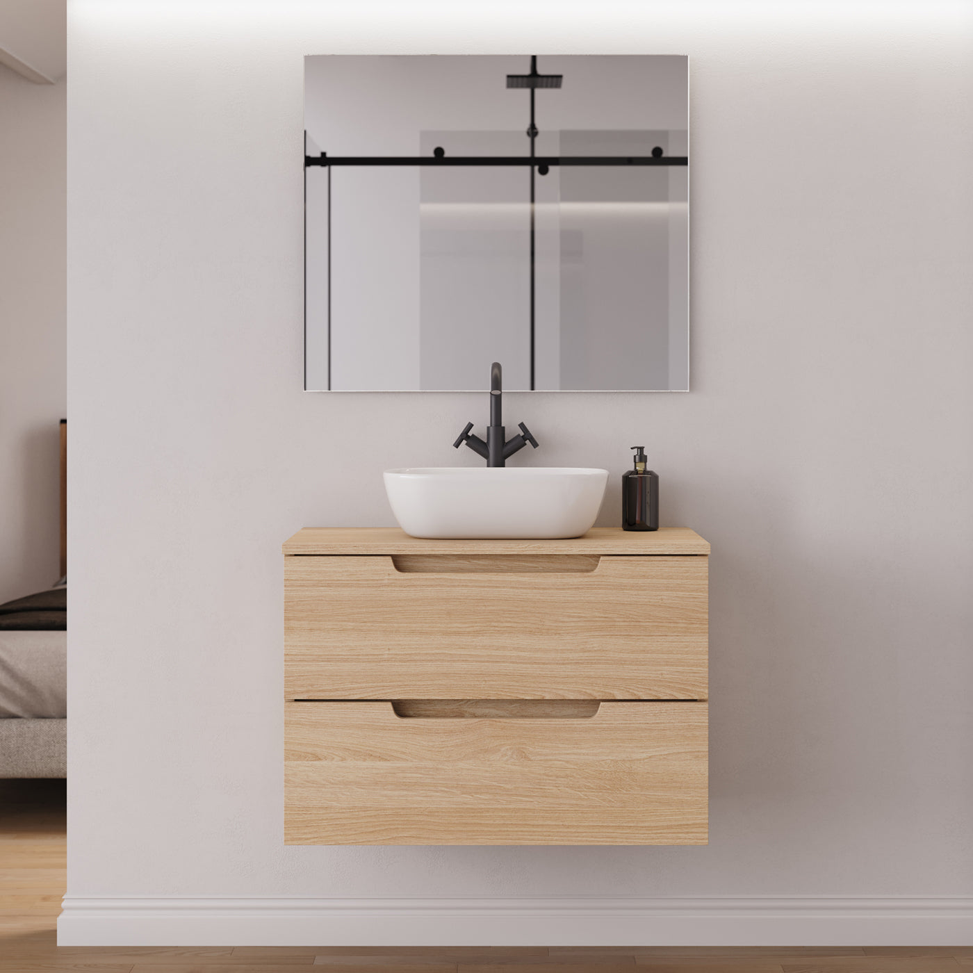 Meuble salle de bain SONRIZA 80cm roble era vasque zeus miroir