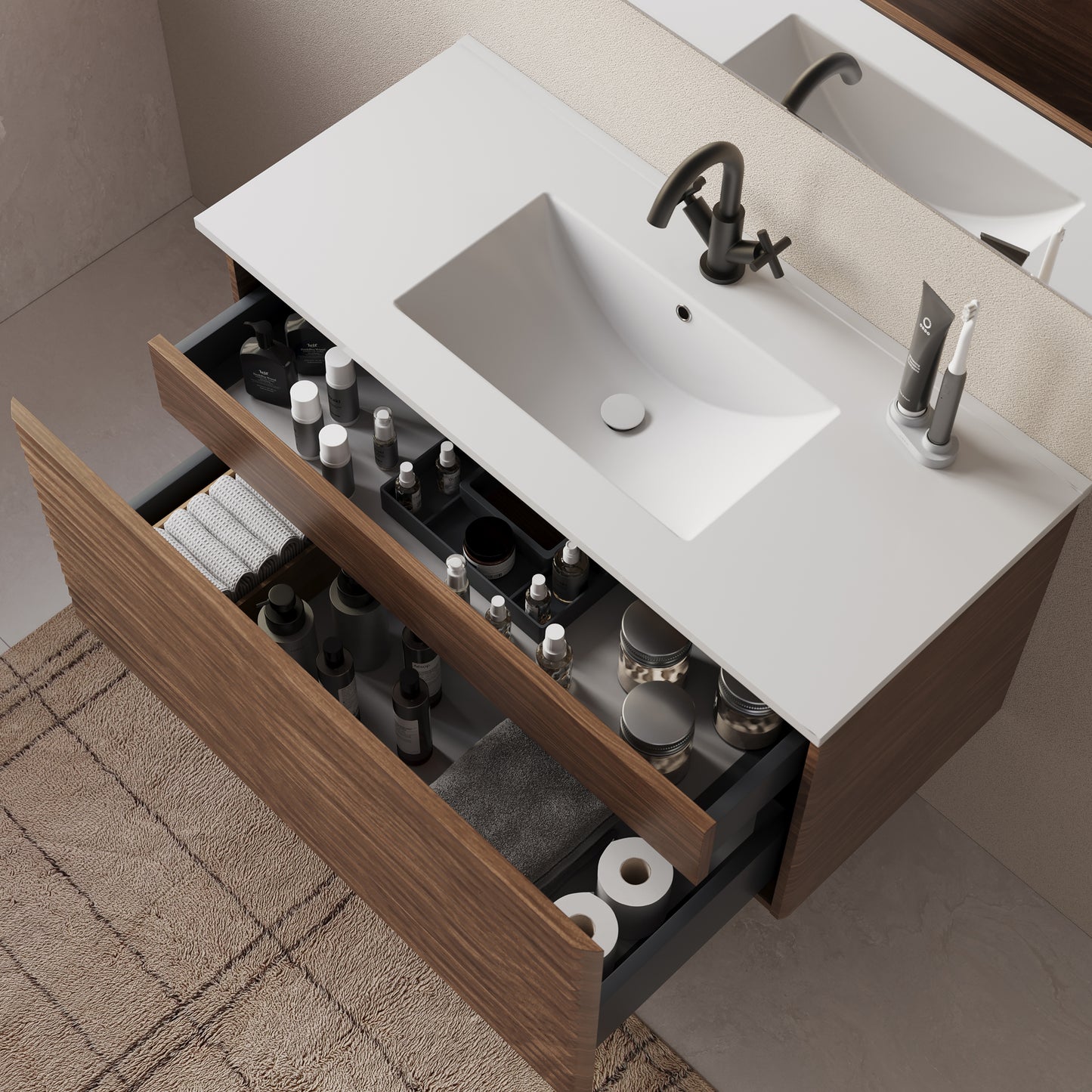 Meuble de salle de bain 100cm simple vasque - 2 tiroirs - sans miroir - SUZA
