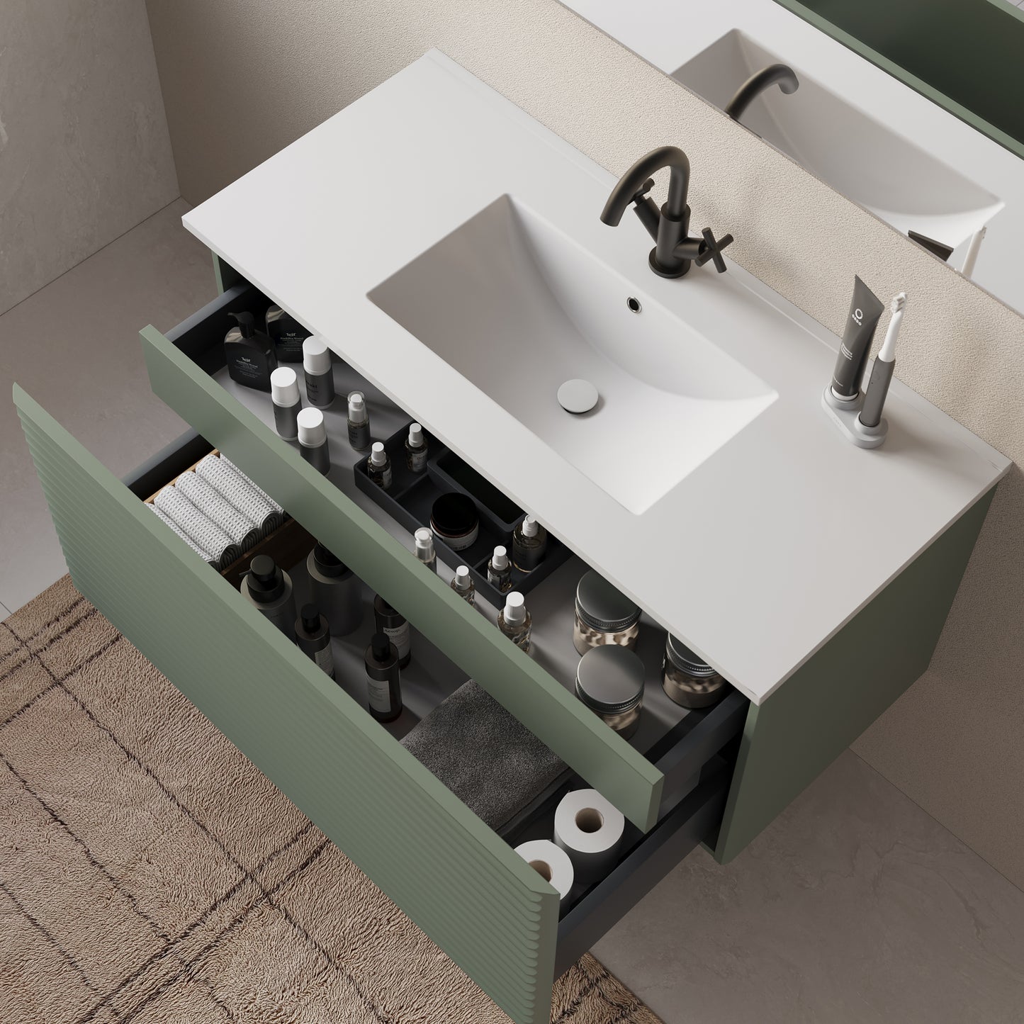 Meuble de salle de bain 100cm simple vasque - 2 tiroirs - sans miroir - SUZA