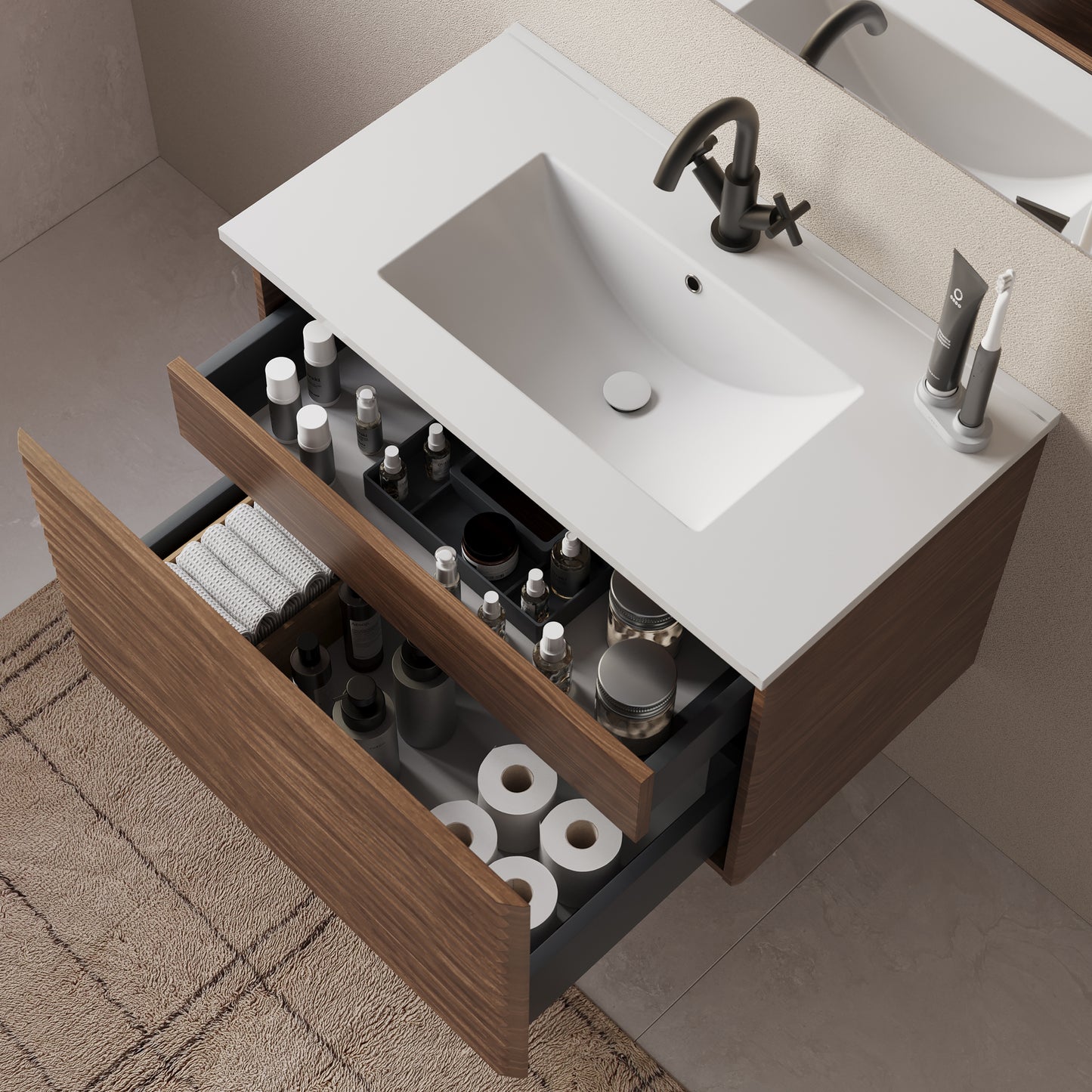 Meuble de salle de bain 80cm simple vasque - 2 tiroirs - SUZA