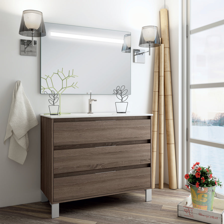 Meuble de salle de bain 100cm simple vasque - 3 tiroirs - TIRIS 3C et miroir Led STAM