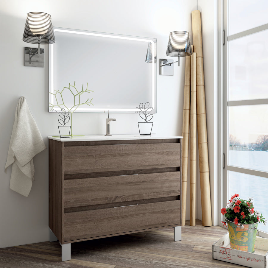 Meuble de salle de bain 100cm simple vasque - 3 tiroirs - TIRIS 3C et miroir Led VELDI