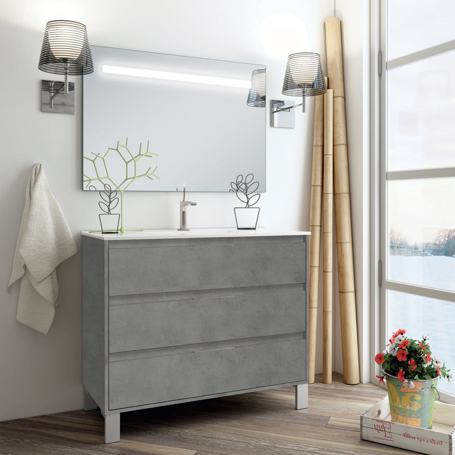 Meuble de salle de bain 100cm simple vasque - 3 tiroirs - TIRIS 3C et miroir Led STAM