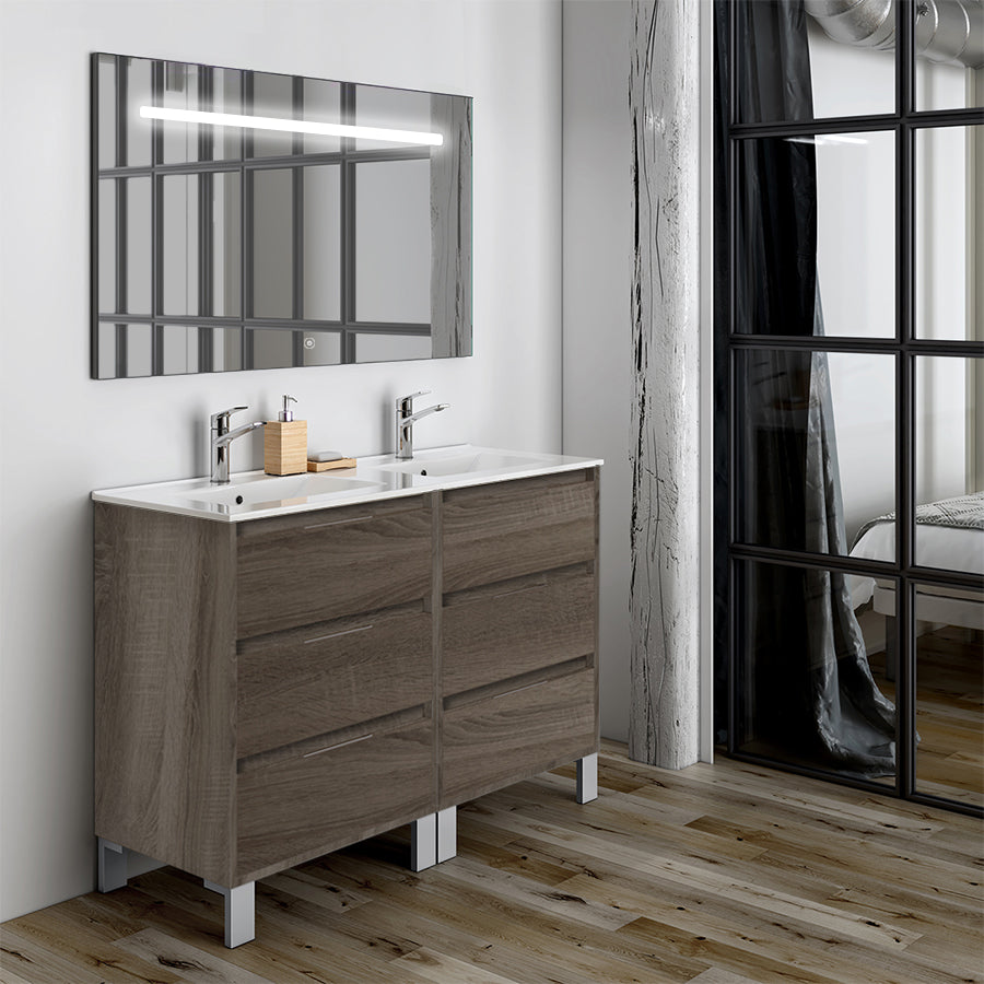 Meuble de salle de bain 120cm double vasque - 6 tiroirs - TIRIS 3C et miroir Led STAM