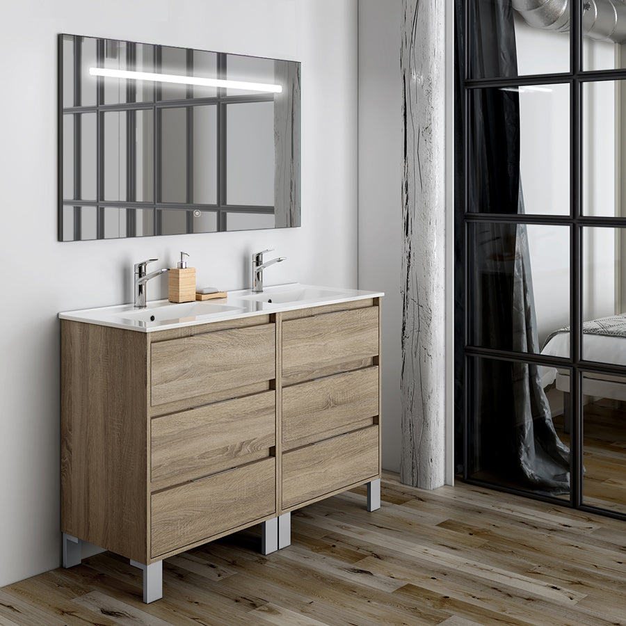Meuble de salle de bain 120cm double vasque - 6 tiroirs - TIRIS 3C et miroir Led STAM