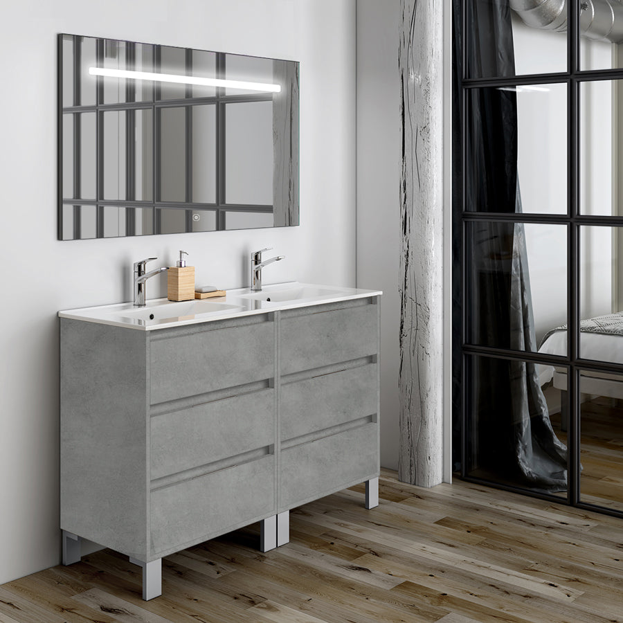 Meuble de salle de bain 120cm double vasque - 6 tiroirs - TIRIS 3C et miroir Led STAM