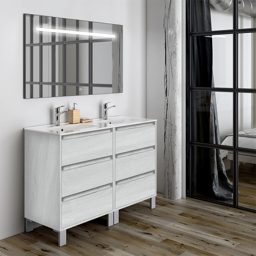 Meuble de salle de bain 120cm double vasque - 6 tiroirs - TIRIS 3C et miroir Led STAM